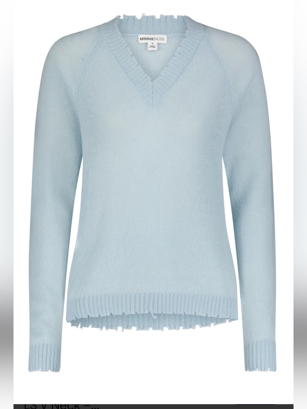 Minnie Rose Light Blue Light Weight Frayes Edges V-Neck Cashmere Sweater Size S